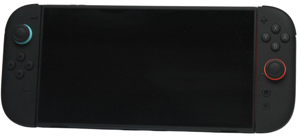 A Nintendo Switch 2 console held in two hands, showing its wide LCD screen and controllers on each side