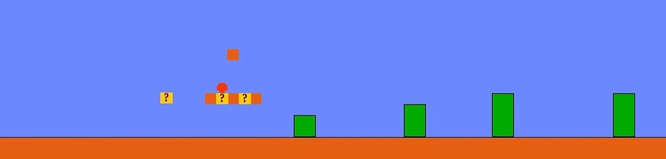 A horizontal scheme of World 1-1 from Super Mario Bros., showing the level layout with platforms, blocks, pipes, and enemy placements from left to right