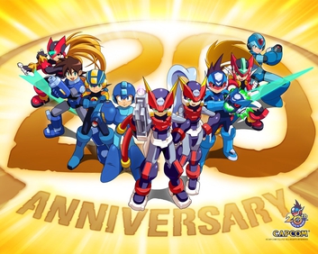 Cover-style illustration of the blue-armored robot Mega Man in a dynamic action pose, with text noting the series' 20th anniversary