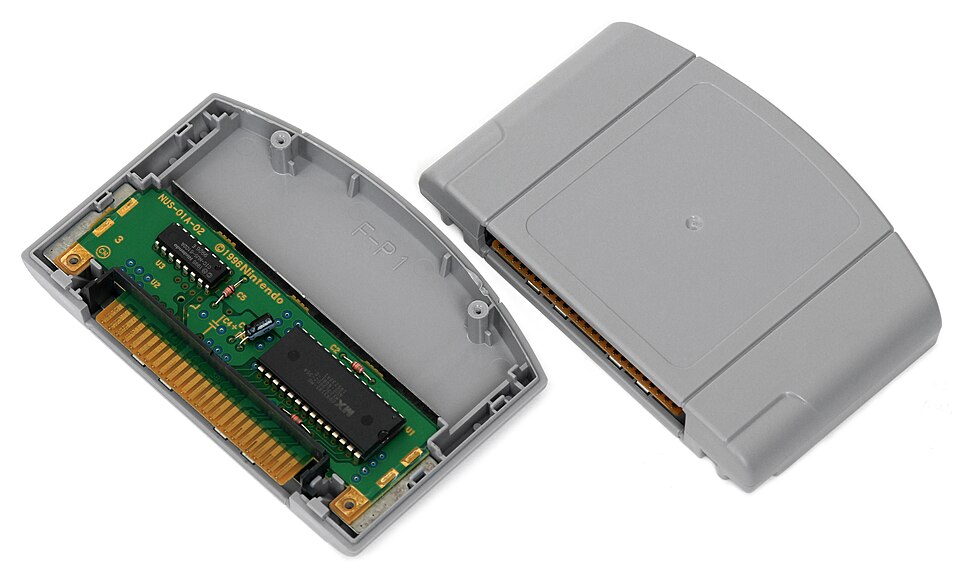 A Nintendo 64 game cartridge shown intact and disassembled.