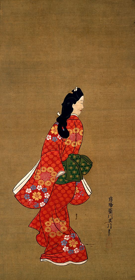 Ukiyo-e print of a standing woman turning to look over her shoulder|