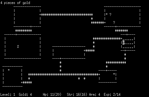 ASCII-art dungeon screen composed of letters, numbers, and punctuation.