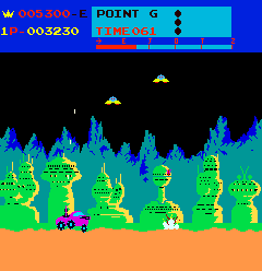Screenshot of Moon Patrol showing the moon buggy, craters, and layered background terrain|